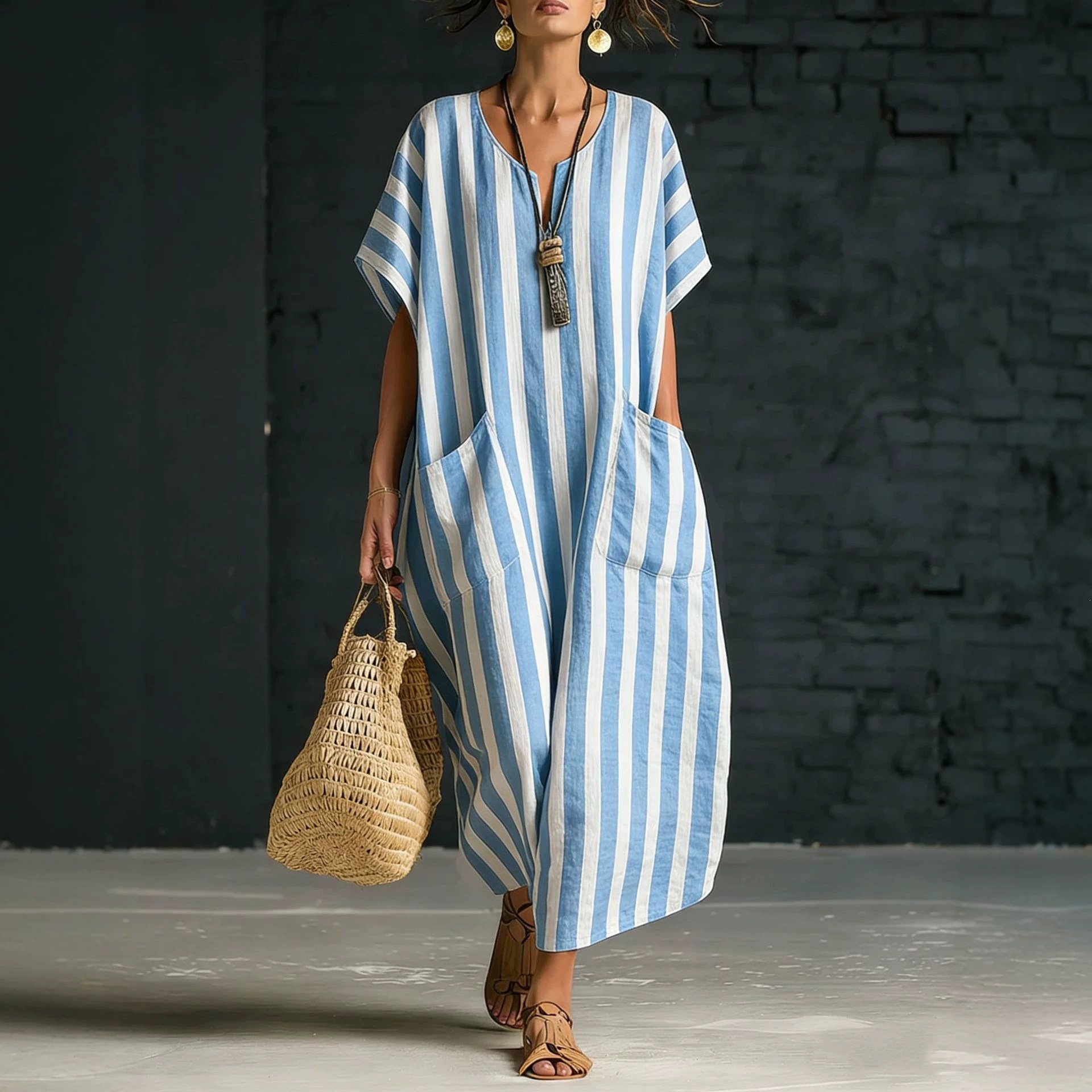 Women's Loose V-Neck Striped Print A-Line Midi Dress