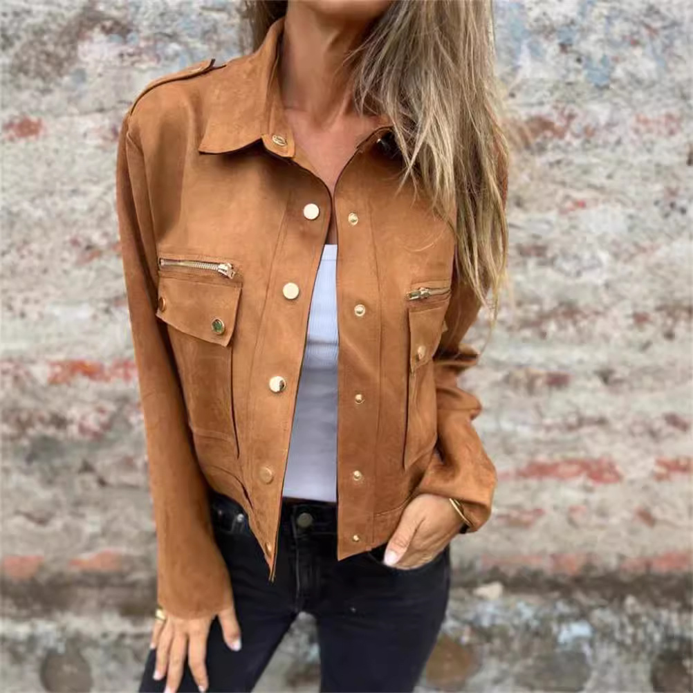 Suede Jacket with Lapel Collar and Metallic Zip