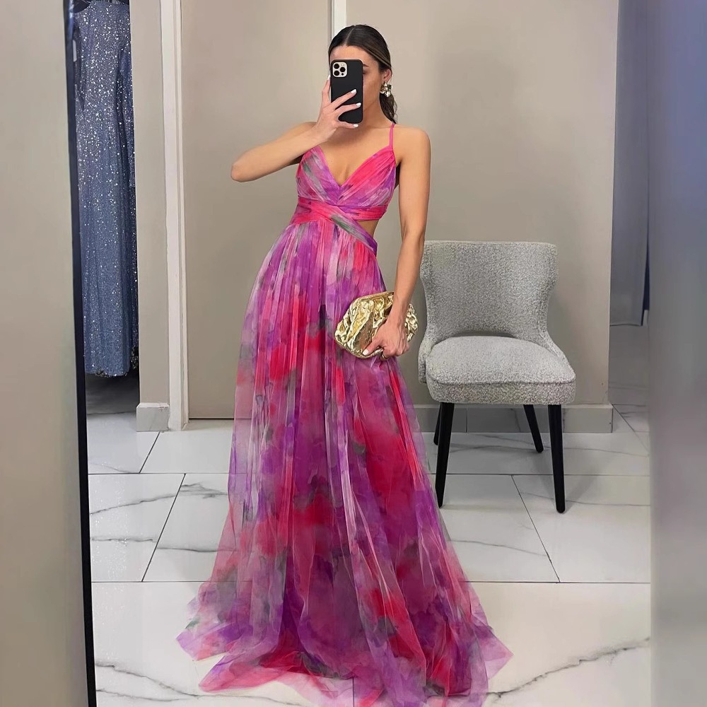 Women's Printed Mesh Cami Dress Sleeveless V-Neck Long Flowy Vacation Party Dress