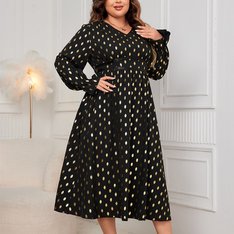 Polka Dot V-Neck Long Sleeve High Waist Maxi Dress