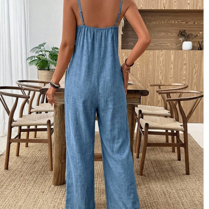 Women's Summer Sleeveless Solid Color Wide-Leg Jumpsuit