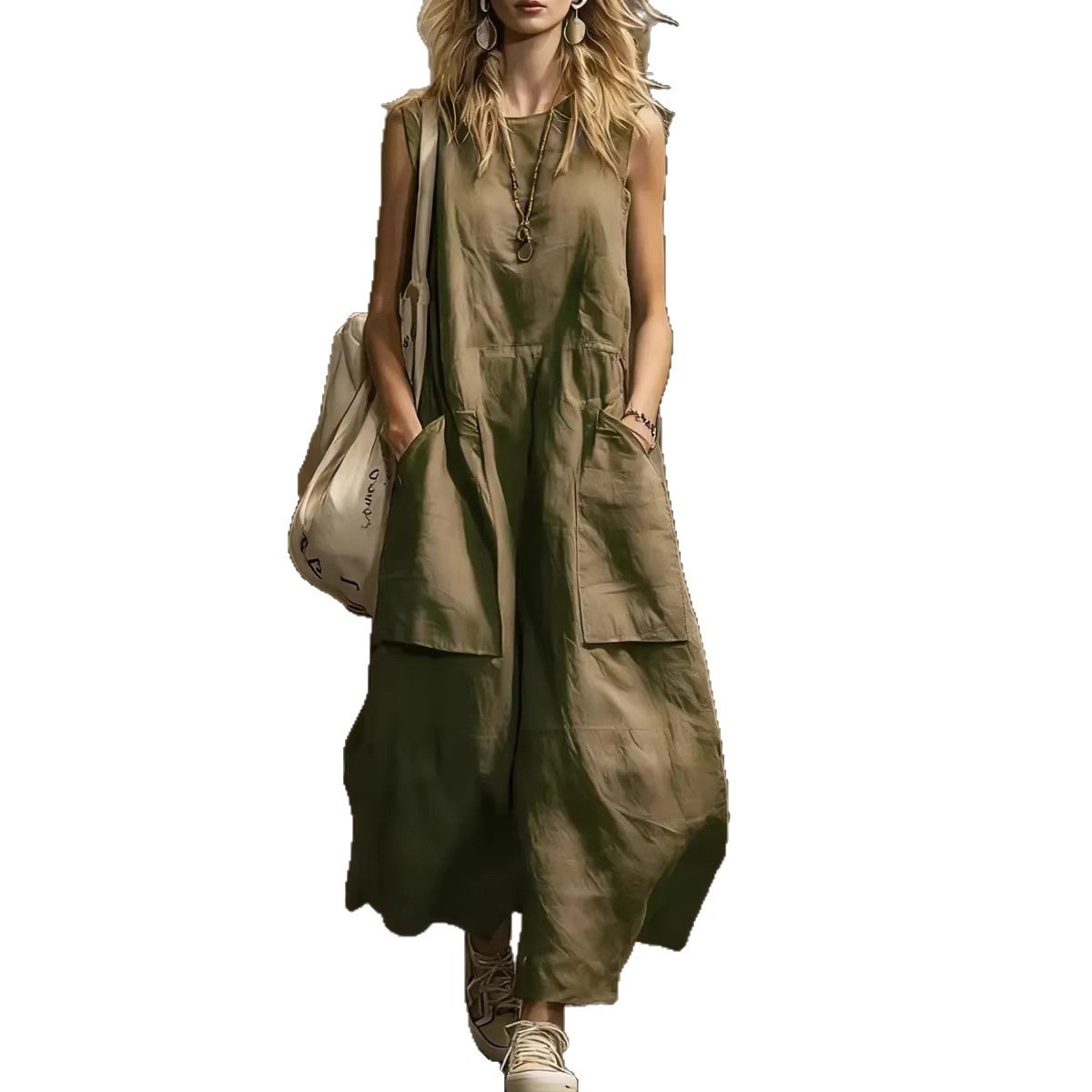 Women's Loose Sleeveless Cotton Linen Dress with Pockets