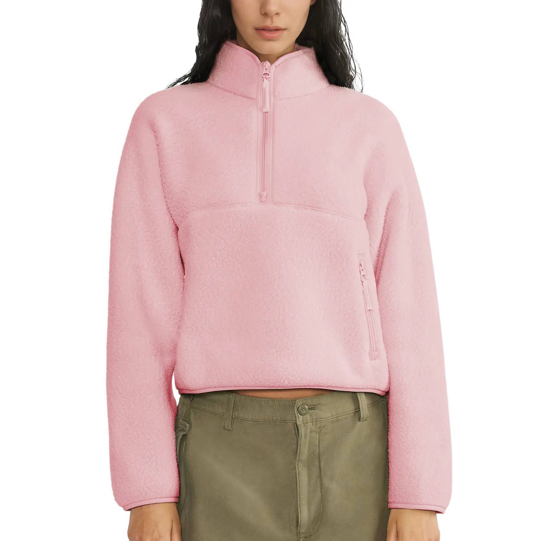Women's Retro Fleece Half-Zip Pullover Sweatshirt Solid Stand Collar