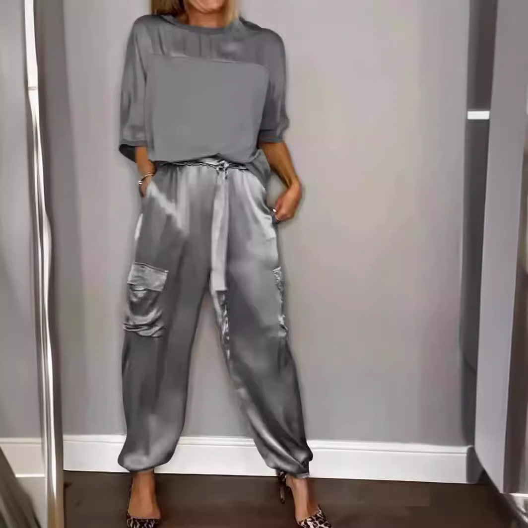 Women's Smooth Satin Half-Sleeve Top and Pants Two-Piece Set