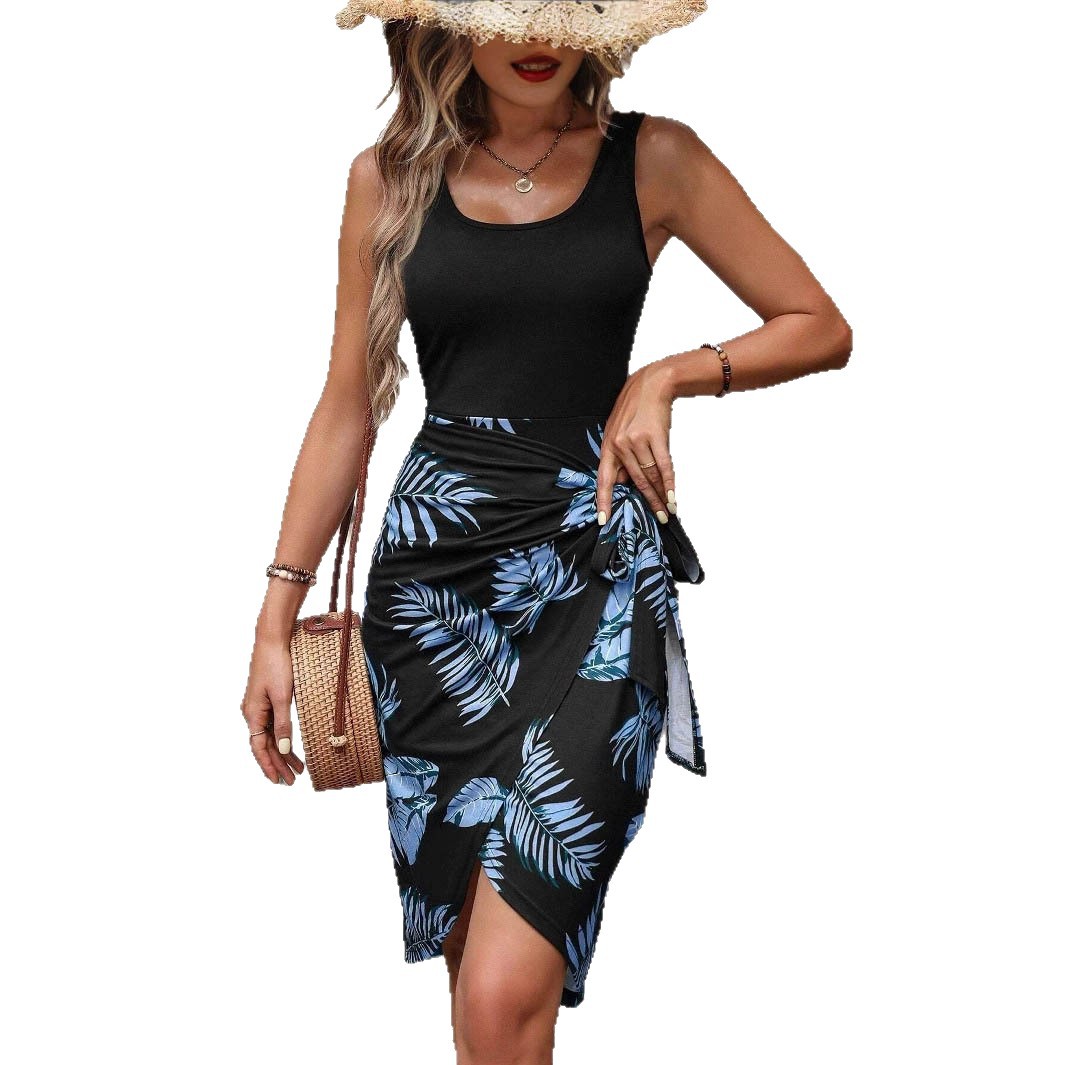 Women's Floral Print Midi Dress Square Neck Sleeveless High Waist Vacation Beach Dress