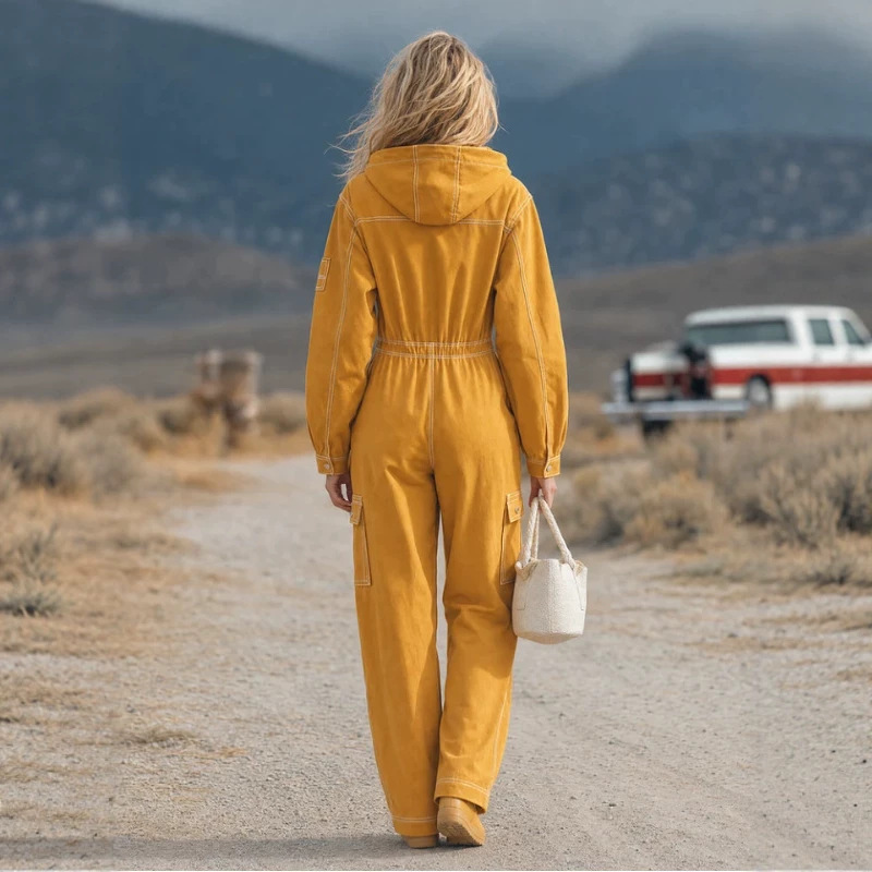 Vintage Hooded Wide-Leg Jumpsuit with Large Pockets