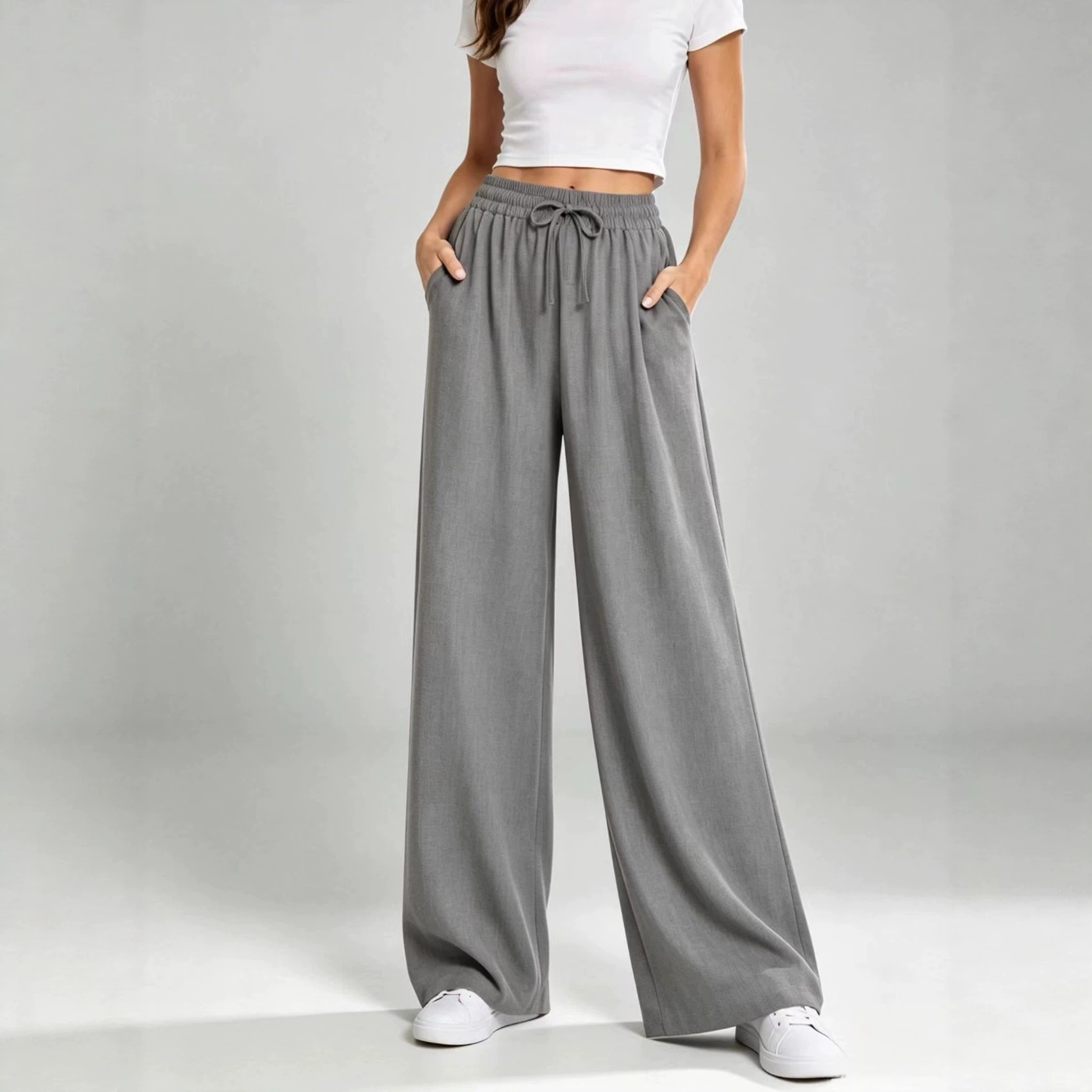 Women's Drawstring Elastic Waist Wide Leg Pants Solid Color Straight Loose Casual