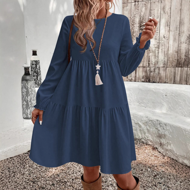Puff Sleeve Tiered Midi Dress Round Neck Long Sleeve Solid Color