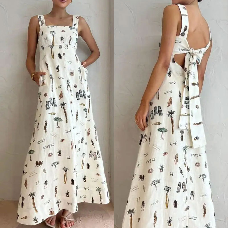Women's Sexy Slim Fit Backless Tie Strap Printed Cami Dress