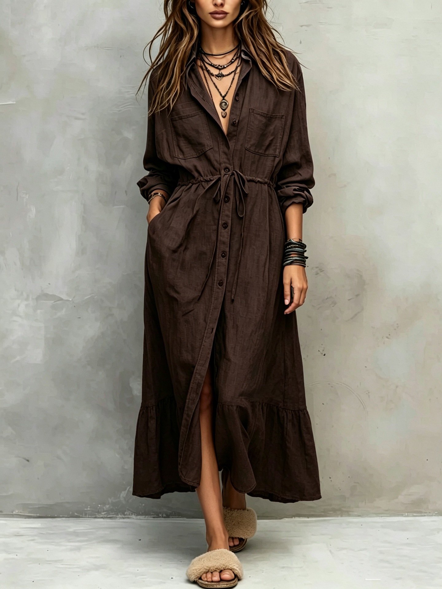 Drawstring Waist Shirt Dress Loose Fit Long Sleeve