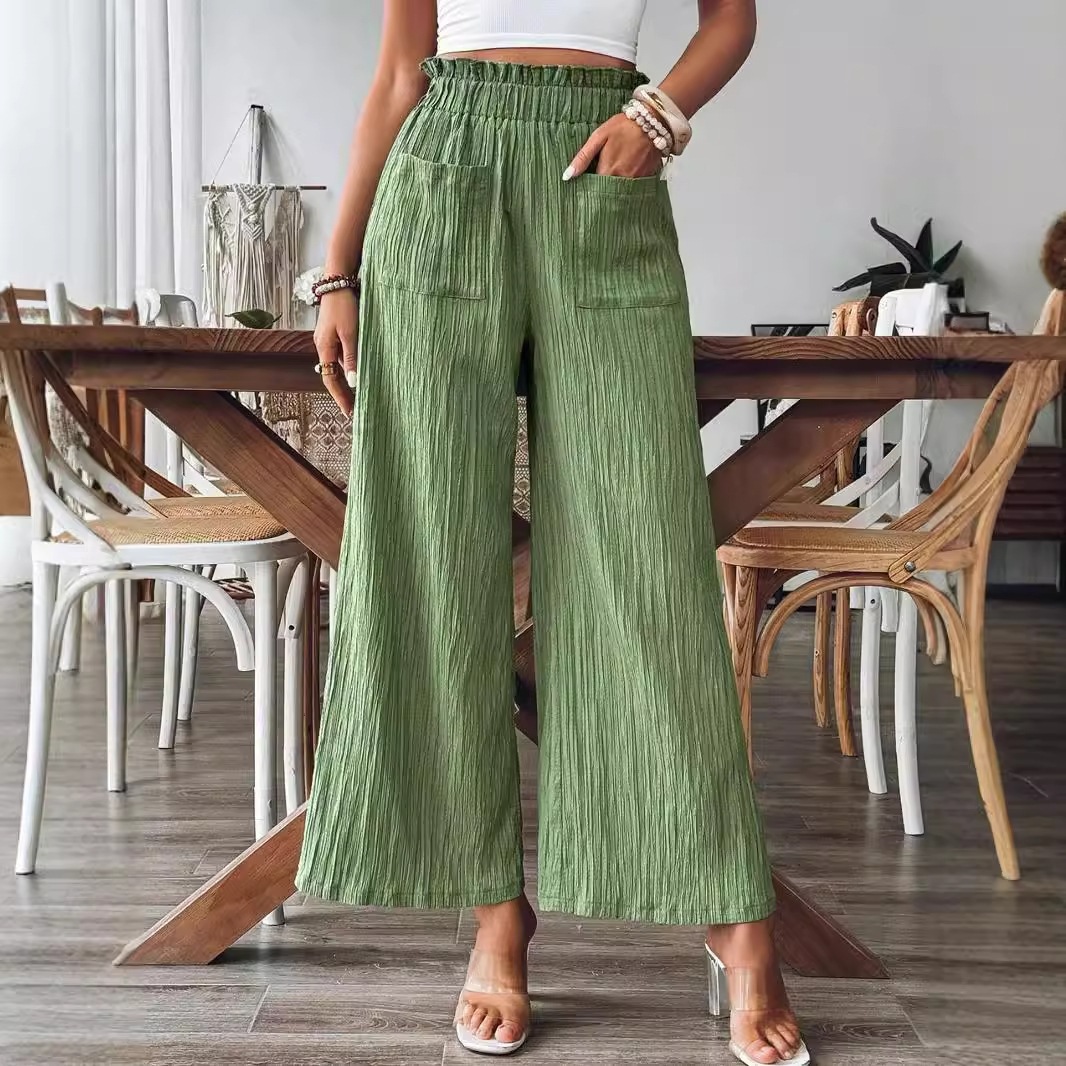 Women's Cropped Wide-Leg Pants with High Waist, Two Pockets, Textured Fabric, Slimming, Versatile, Commuter
