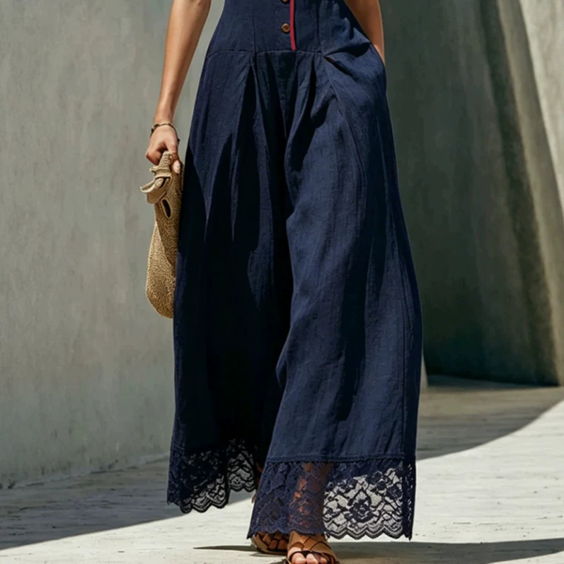 Color-Block Cotton-Linen Patchwork V-Neck Sleeveless Jumpsuit