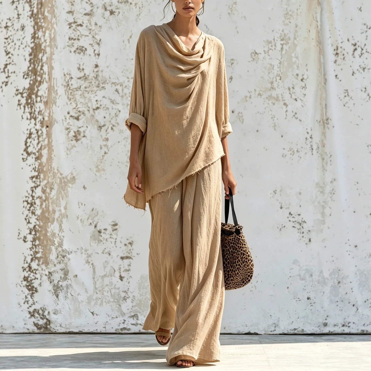 Women's Long Sleeve Frayed Trim Top & Wide Leg Pants Casual Set