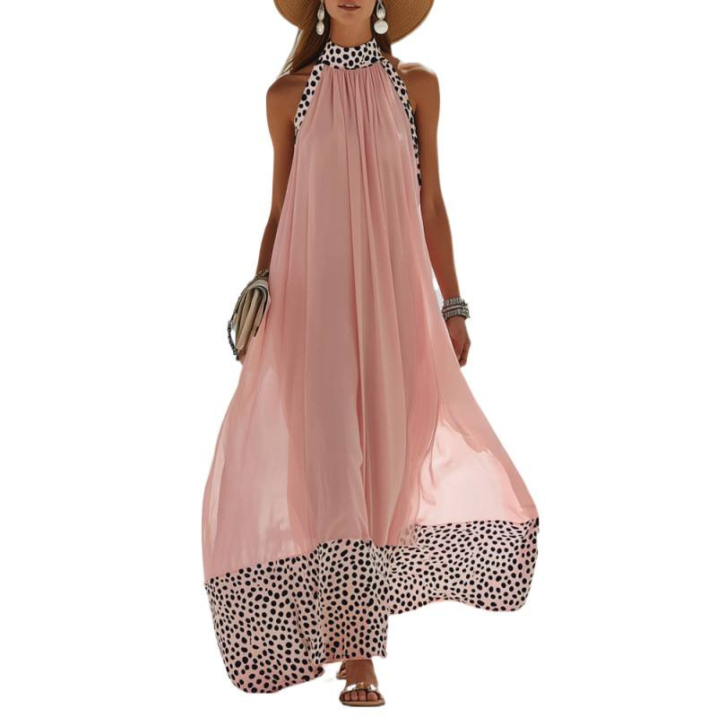 Women's Sheer Mesh Colorblock Halter Neck Sleeveless Maxi Dress