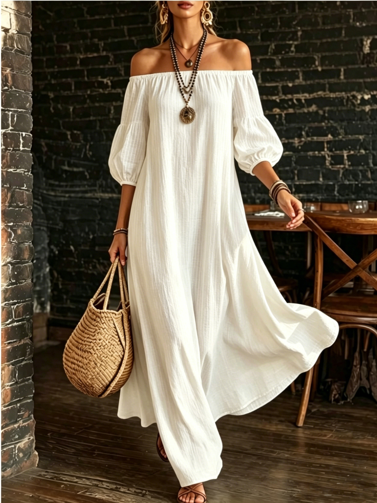Off-Shoulder Puff Sleeve Textured Solid Color Dress Women Loose Flowy Vacation Beach Long Dress