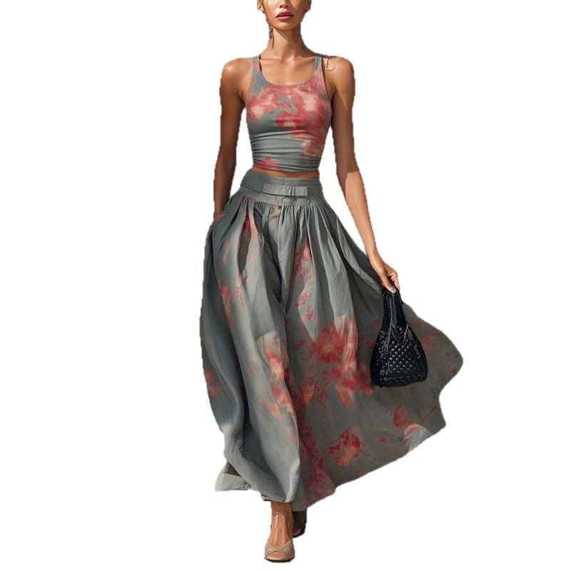 Women's Boho Floral Print Sleeveless Tank Top and Long Skirt Two-Piece Set