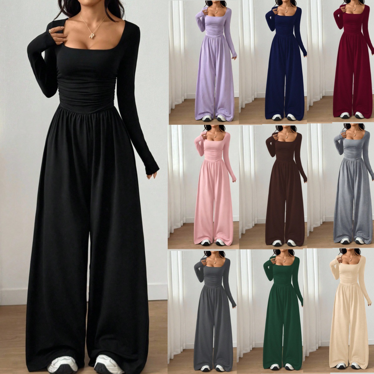 Women's Long Sleeve Square Neck Wide Leg Jumpsuit Solid Color Slimming