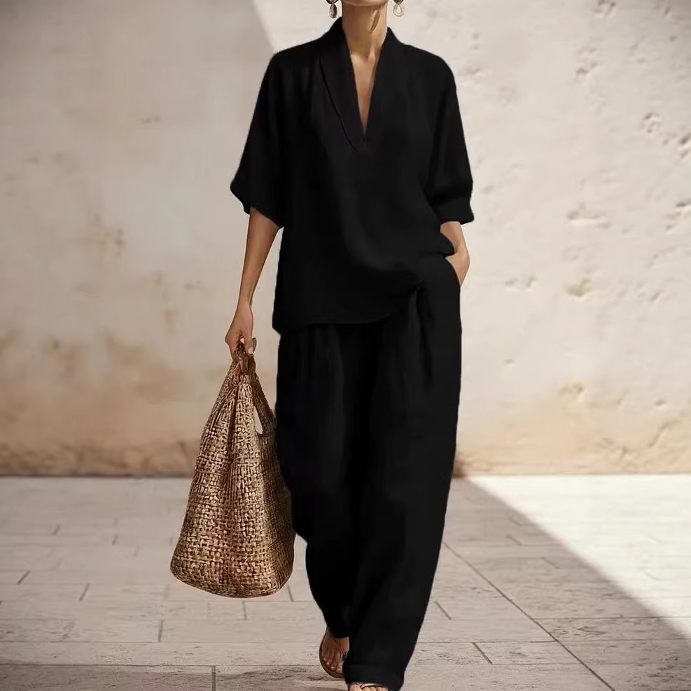 V-Neck Short Sleeve Top & Wide-Leg Pants Set Casual Solid Color