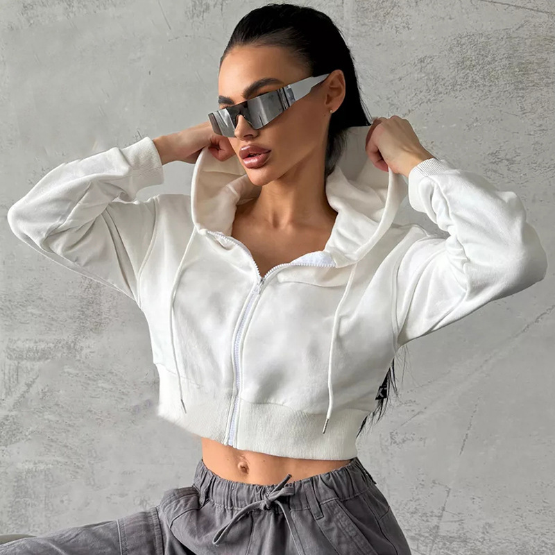 Women's Long Sleeve Hooded Zip-Up Cropped Fleece Sweatshirt
