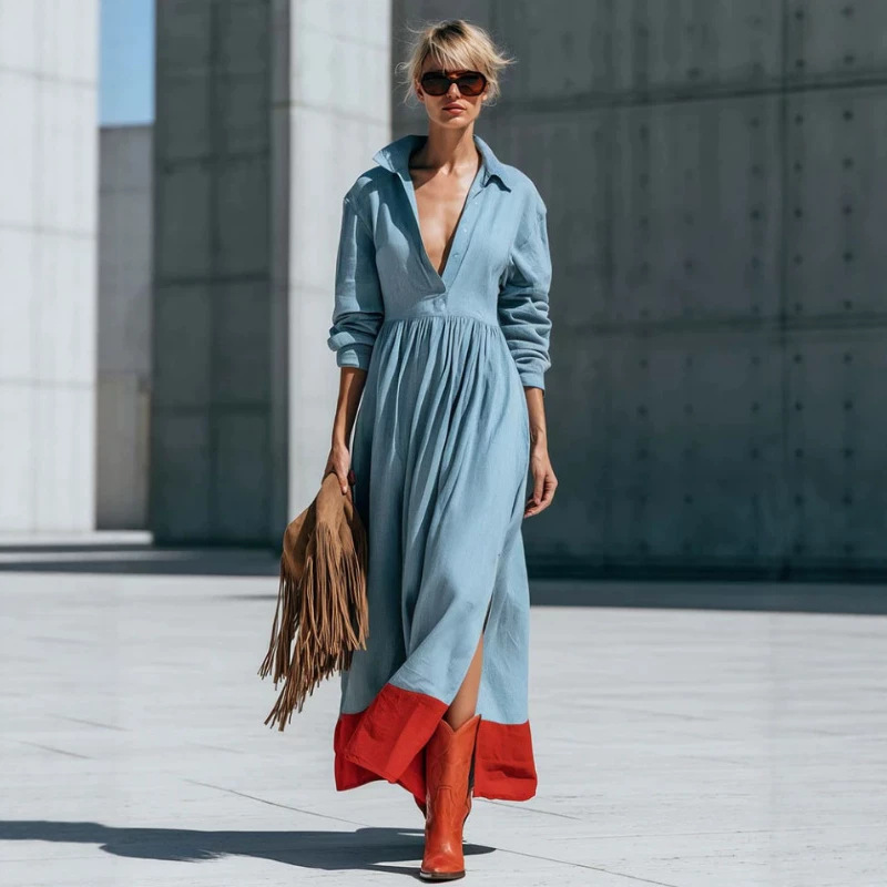 Retro Blue Color-Block Hem V-Neck Long Sleeve Maxi Dress