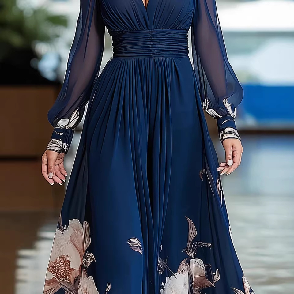 Deep V-Neck Floral Print Long Sleeve A-Line Maxi Dress