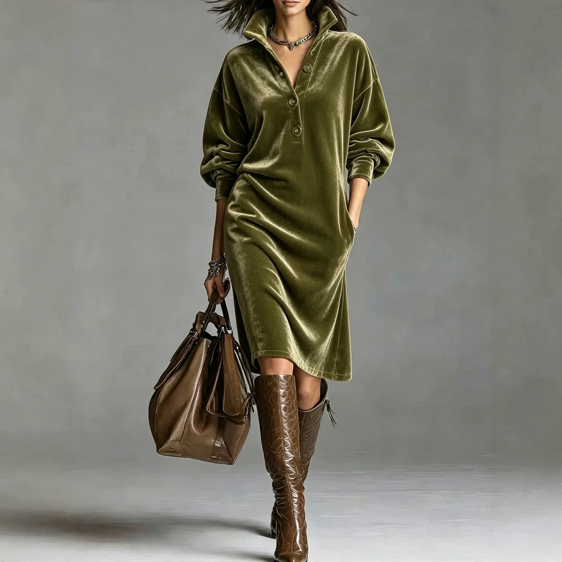 Women's Velvet Button-Front Collared Loose Straight Midi Dress