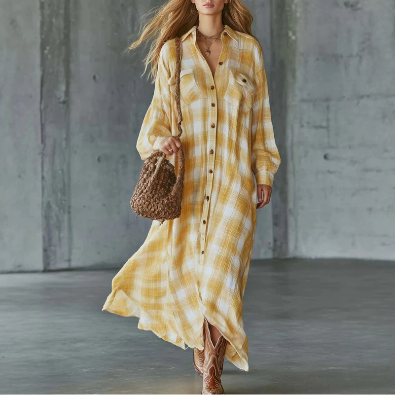 Retro Yellow Plaid Shirt Dress Long Sleeve Midi