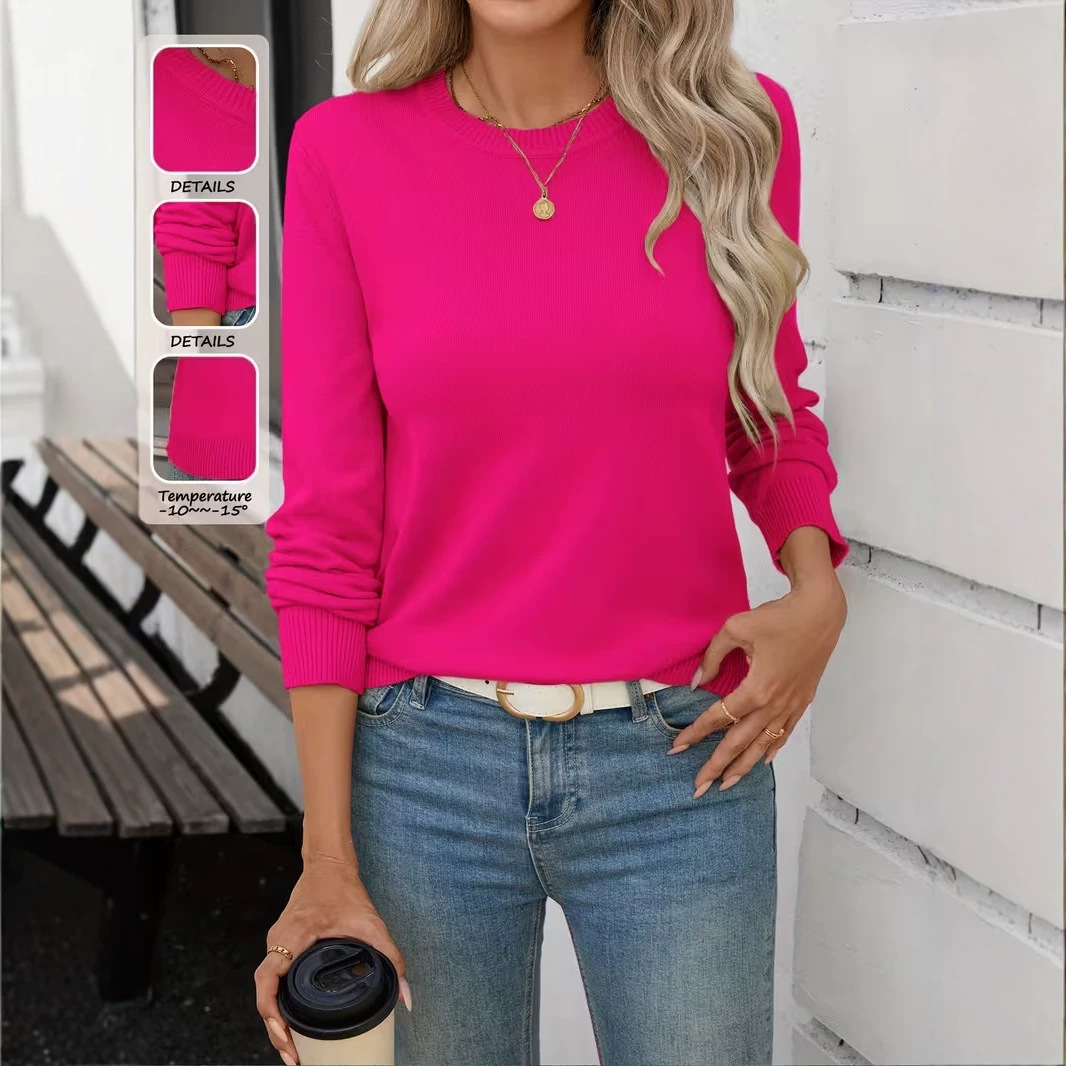 Women's Soft Stretch Crewneck Long-Sleeve Knit Top Solid Color