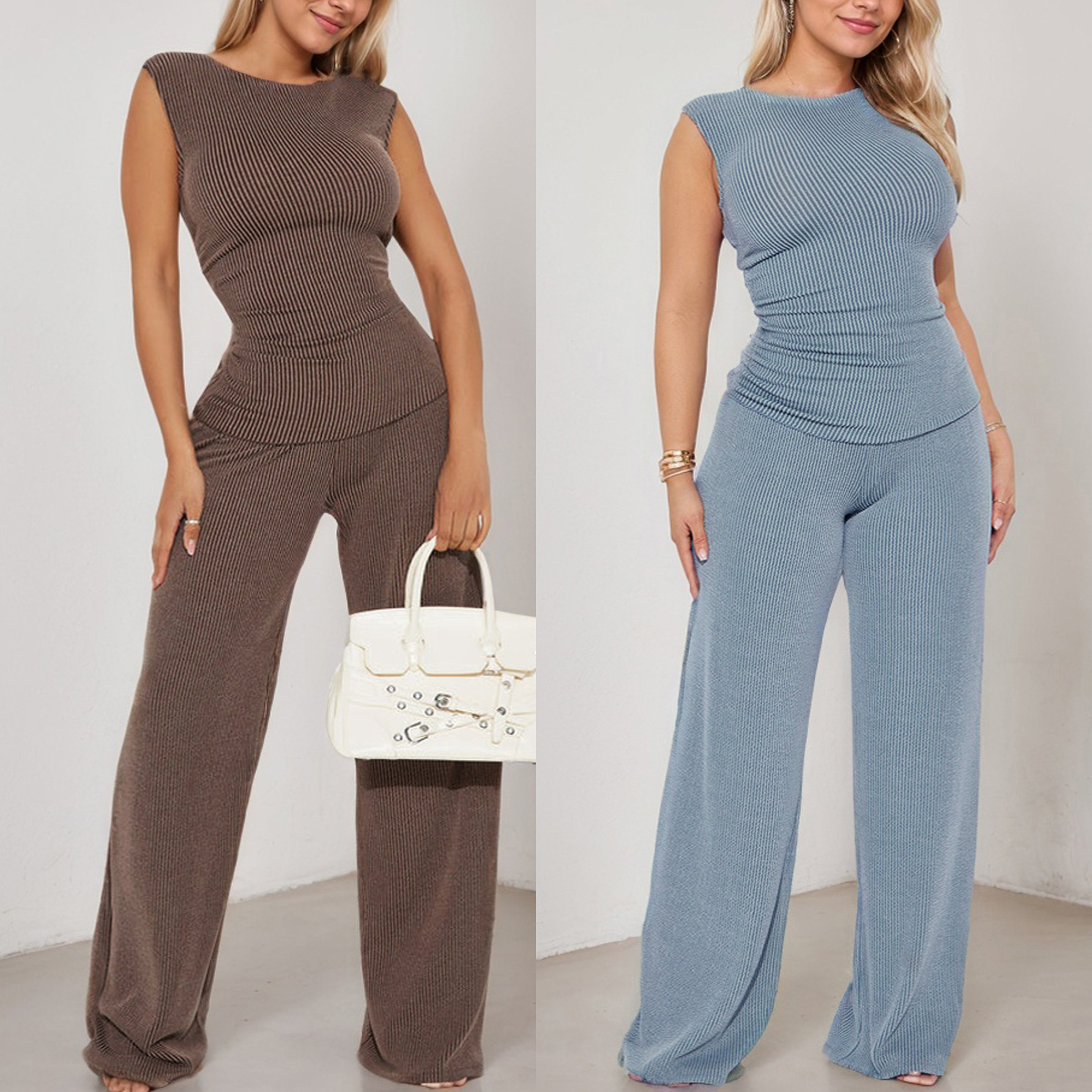 Women's Two-Piece Outfit Sleeveless Round Neck Top and Straight-Leg High-Waist Pants Set