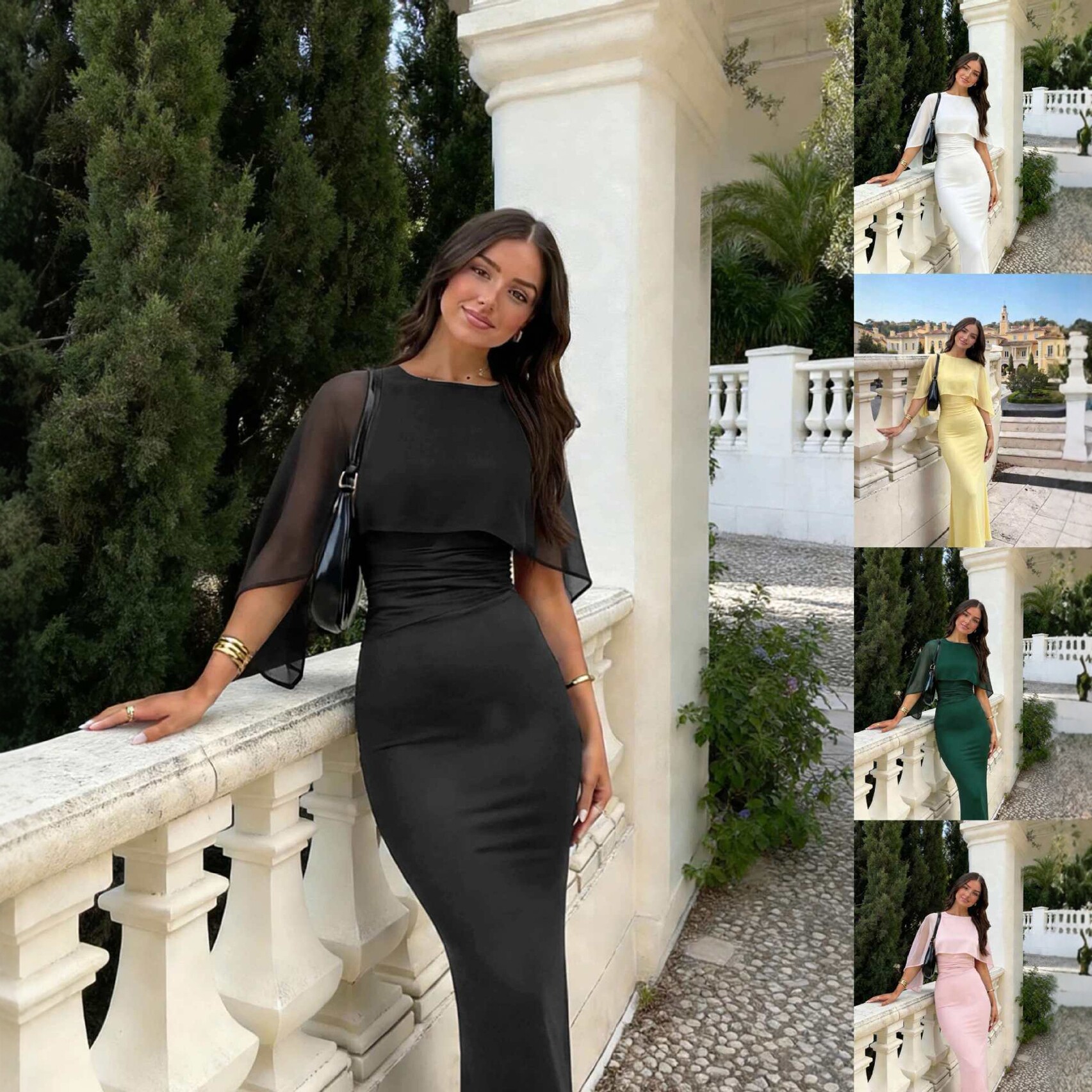Elegant Solid Color Splice Flutter Sleeve Bodycon Long Dress