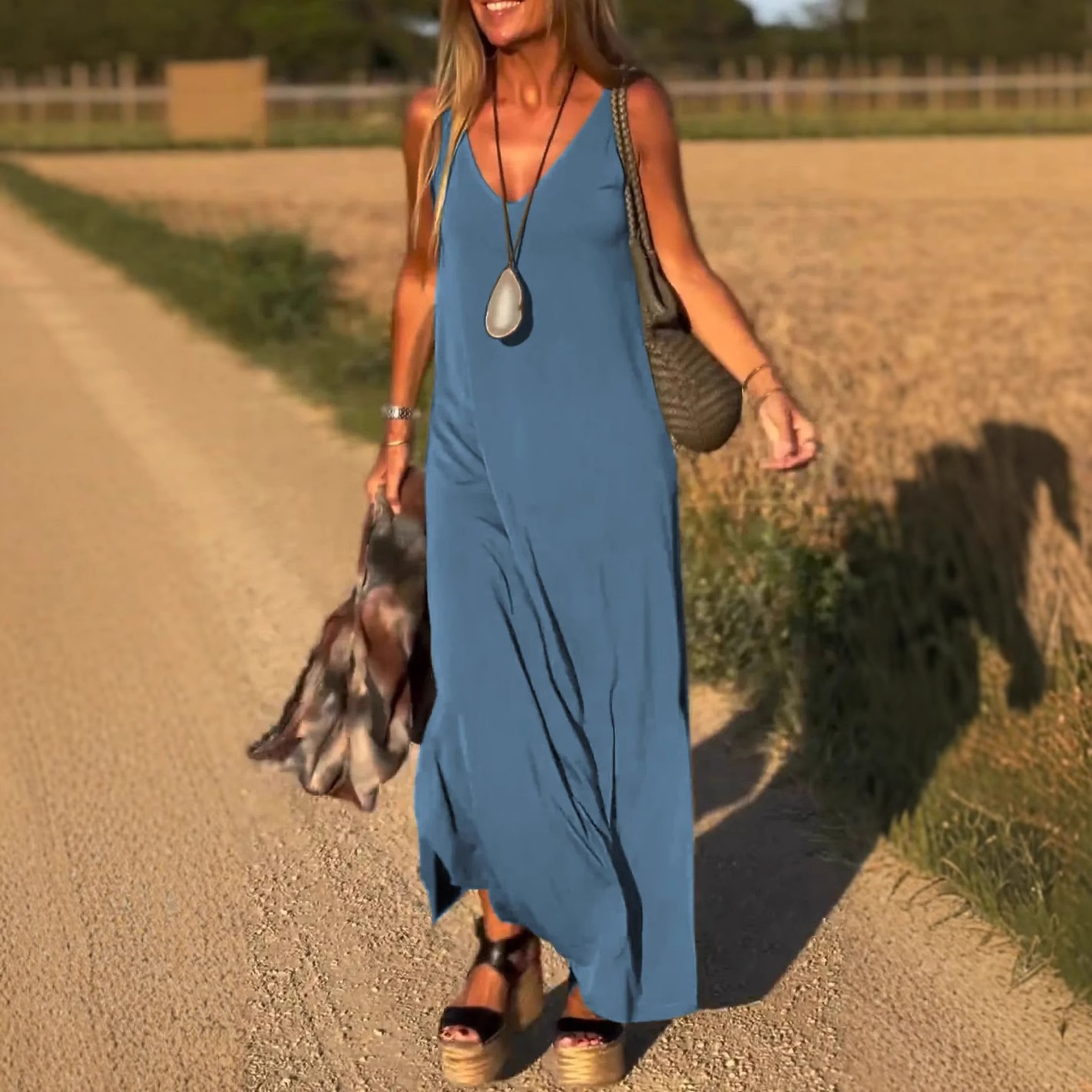 Women's V-Neck Cami Dress Sleeveless Long Slim Fit