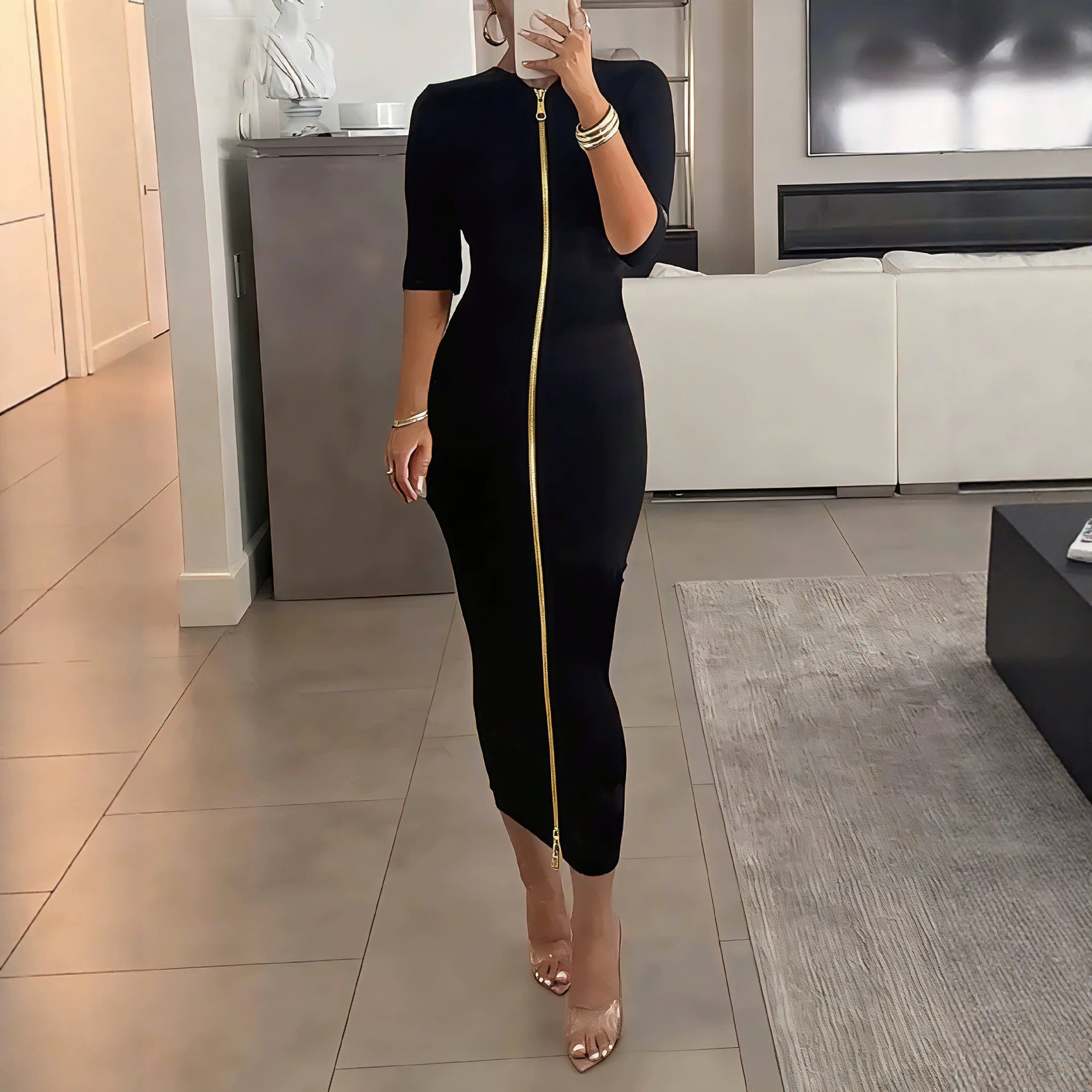 Plus Size Bodycon Midi Dress with Zip Short Sleeve Round Neck