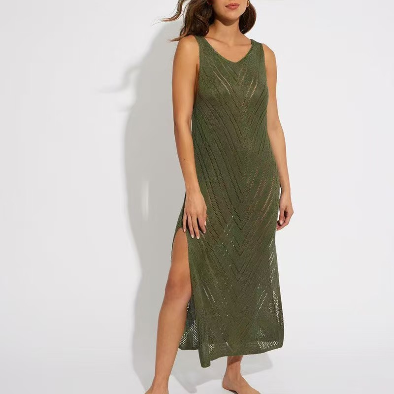 Women's Open-Knit Sleeveless Beach Dress with Slit Bikini Cover-Up
