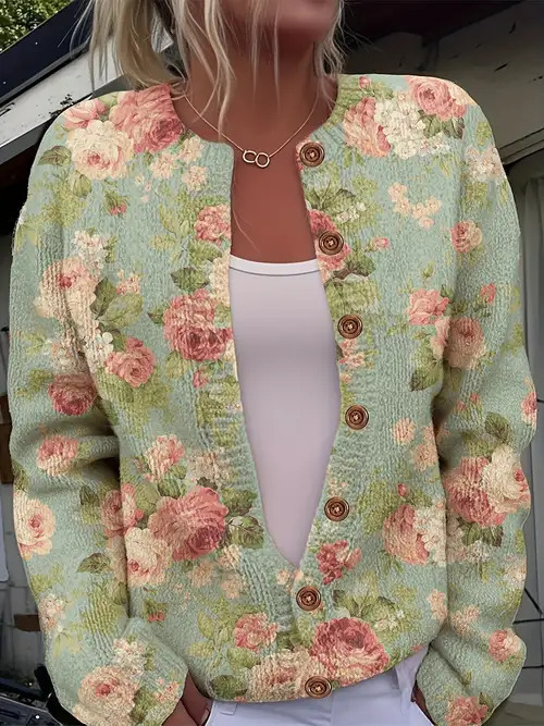 Women's Floral Print Long Sleeve Crew Neck Pullover Sweater