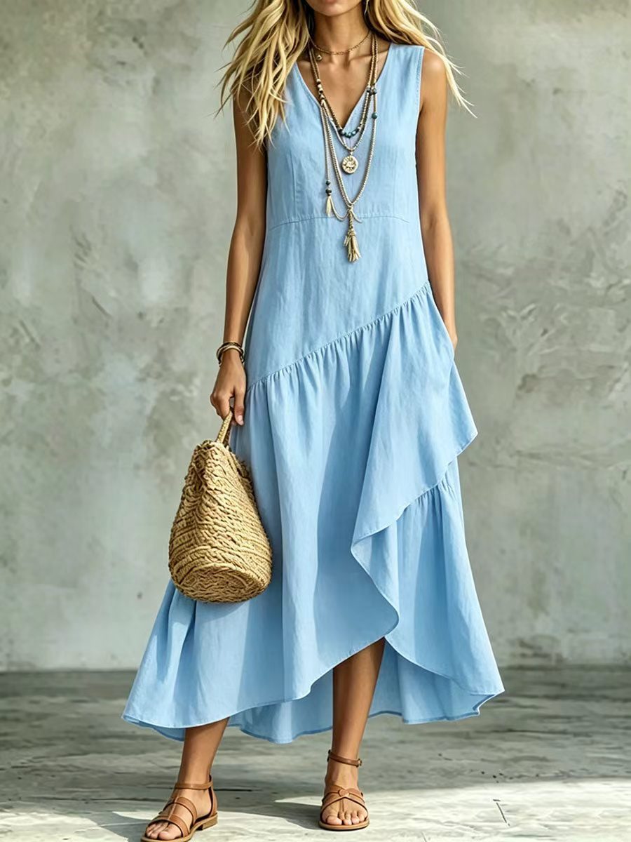 Women's Sleeveless V-Neck A-Line Maxi Dress Loose Fit Boho