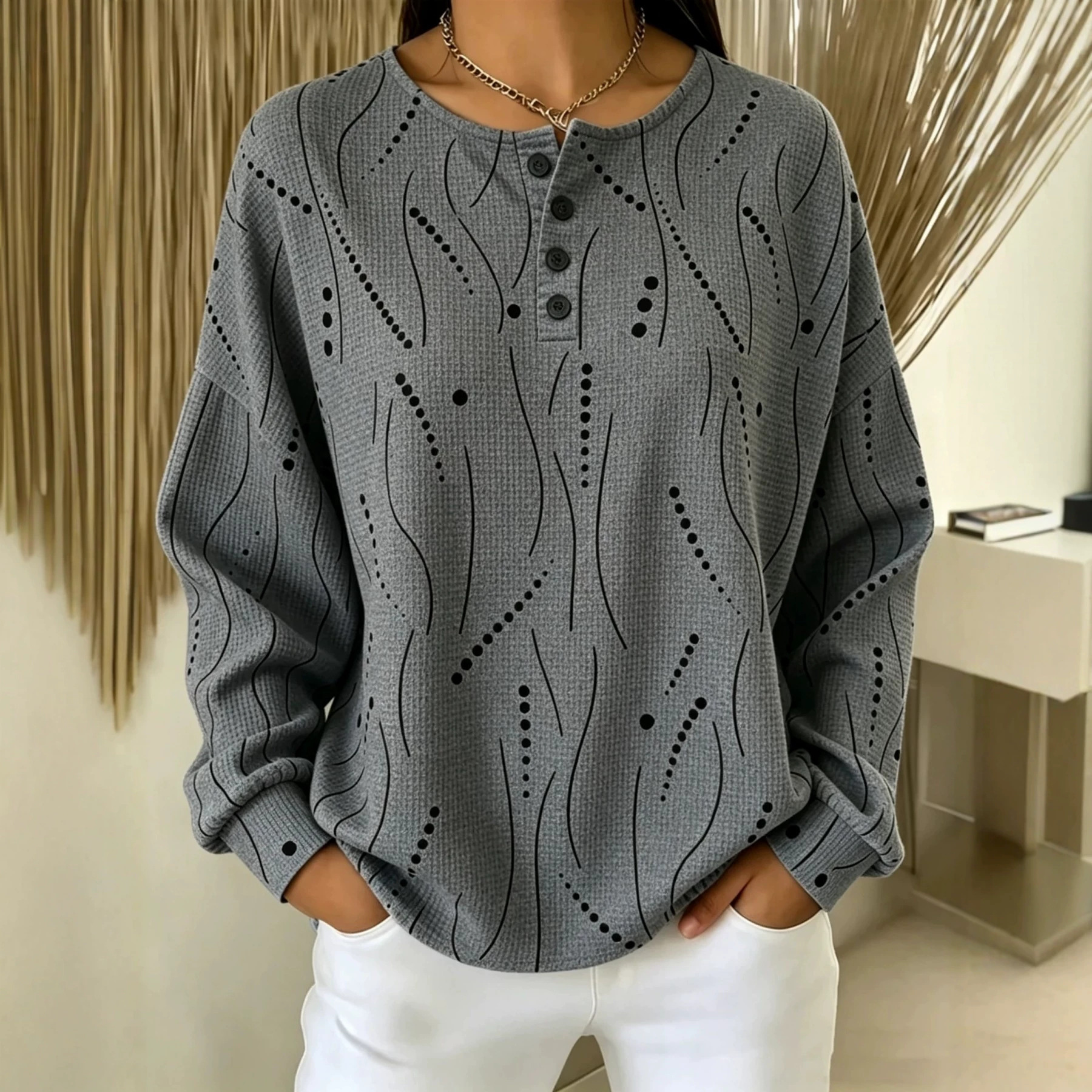 Women's Retro Polka Dot Print Button Sweatshirt