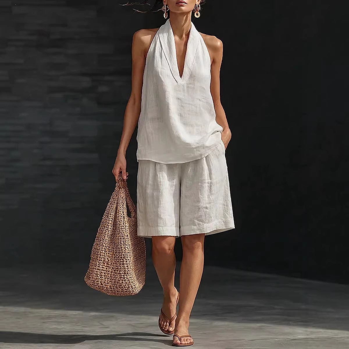 Women's Cotton-Linen Sleeveless Tank and Shorts Set Casual Summer Outfit