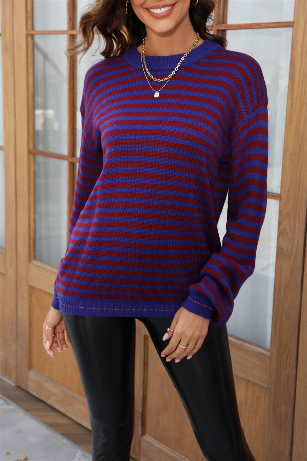 Striped Color-Block Long-Sleeve Knit Sweater
