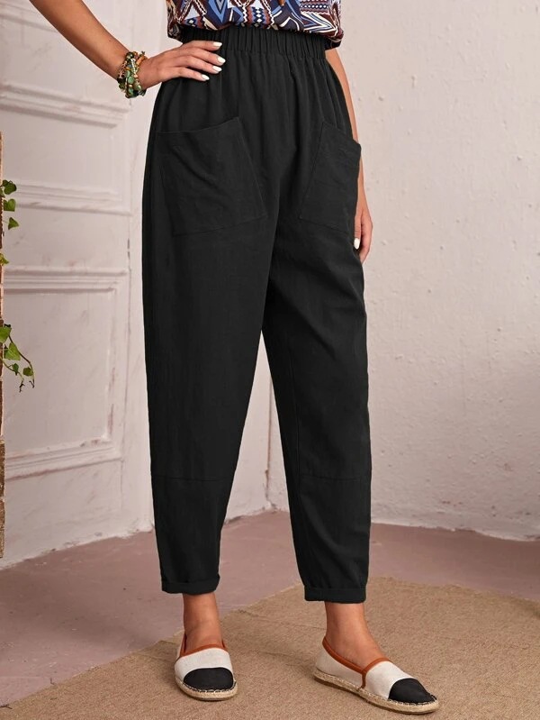 Women's All-Season Cotton-Blend Cropped Pants with Elastic Waist and Slant Pockets