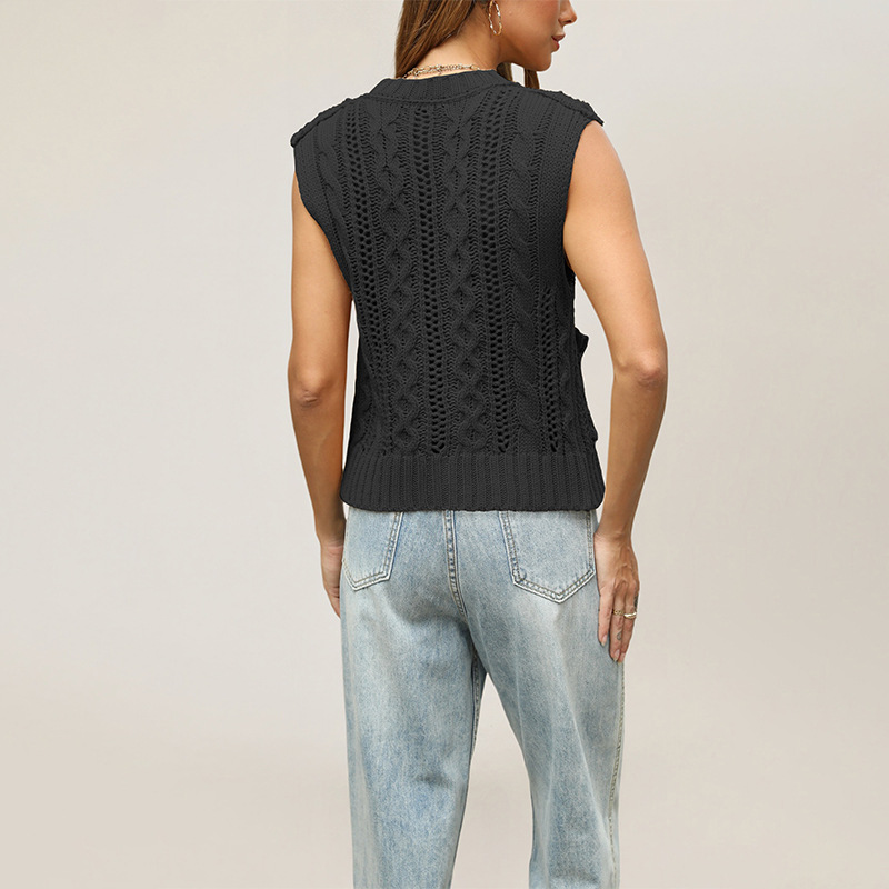 Women's Sleeveless Round Neck Pocket Knit Cardigan Vest