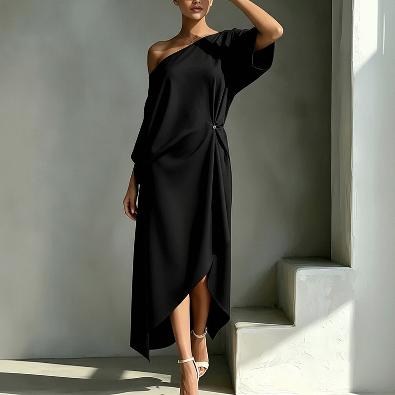 Women's Summer Long Dress French Minimalist Solid Color Elegant One-Shoulder