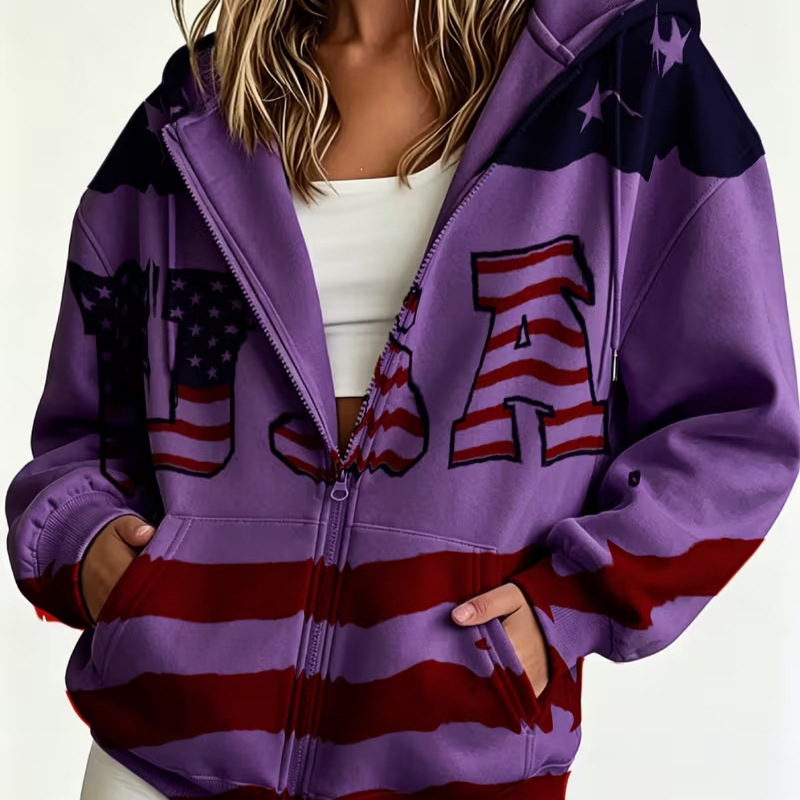 Women's Colorblock USA Flag Striped Zip-Up Hoodie