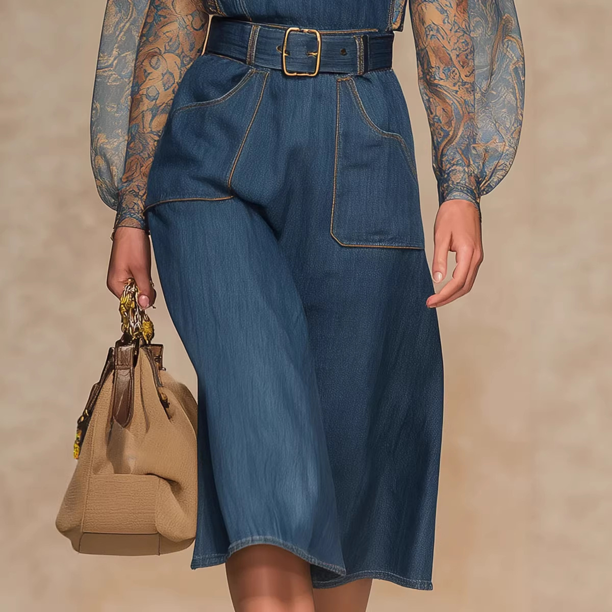Blue Denim Overall Dress High Waist Wide Leg Jumpsuit with Pockets