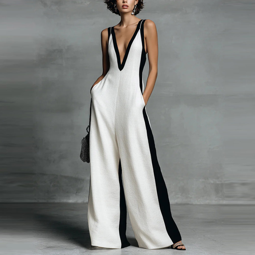 Women's Black and White Colorblock Spaghetti Strap Deep V-Neck Jumpsuit