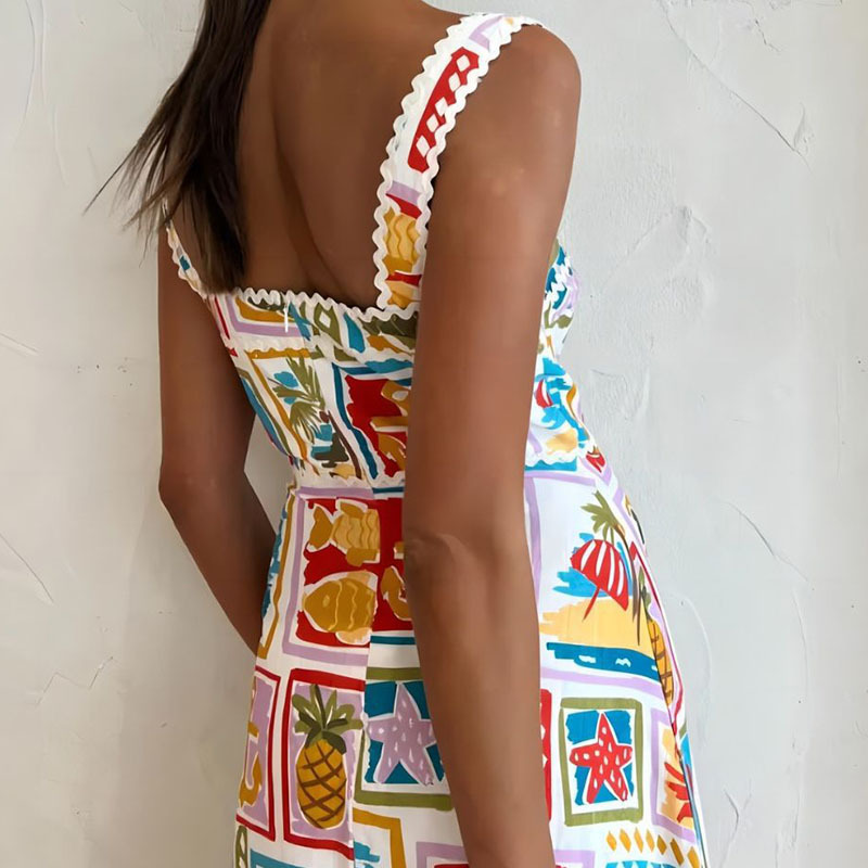 Women's Graffiti Print Sleeveless Maxi Dress Square Neck