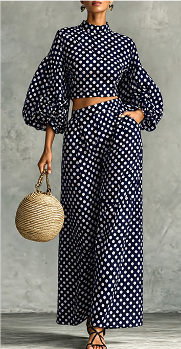 Polka Dot Lantern Sleeve Crop Top & High-Waist Wide-Leg Pants Two-Piece Set