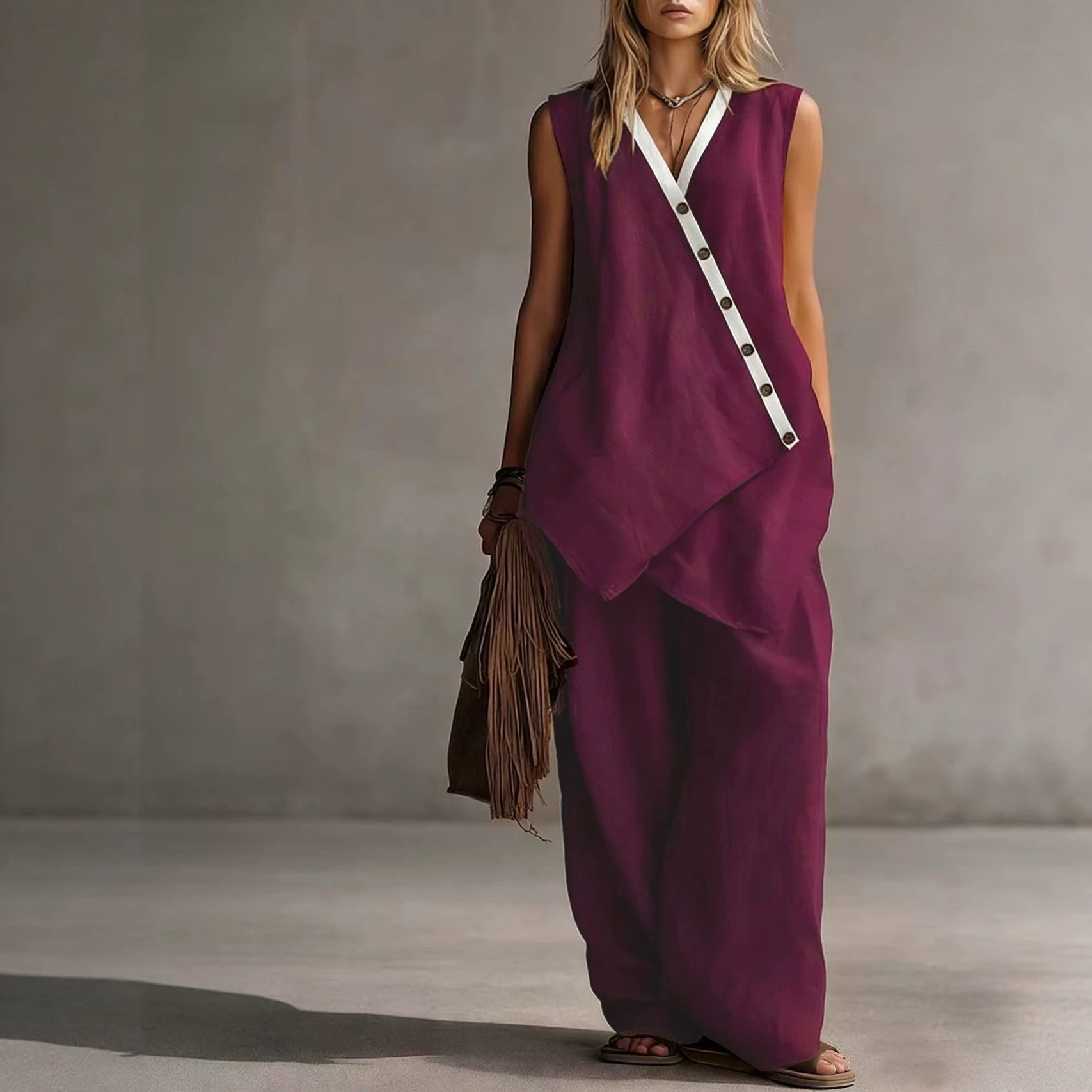Boho V-Neck Irregular Button Wide-Leg Pants Casual Set