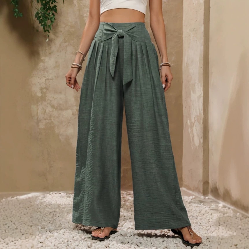 Women's High-Waist Tie-Front Wide-Leg Pants with Pockets