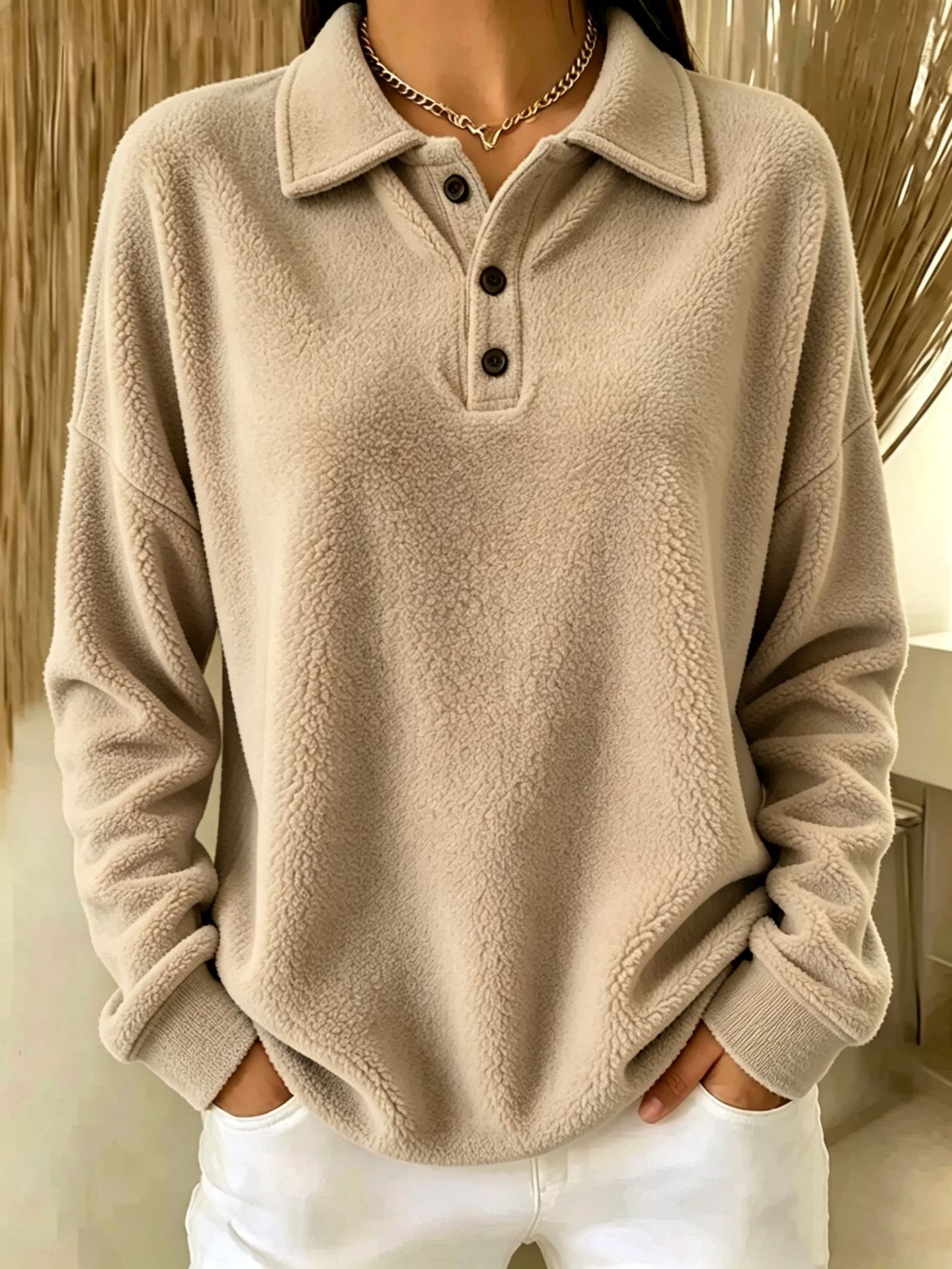Fleece Buttoned Collar Long Sleeve Pullover Sweatshirt for Women