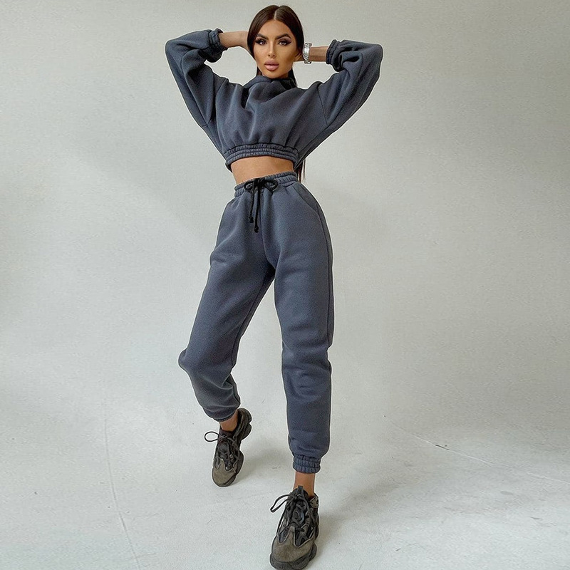 Women's Long Sleeve Hooded Crop Hoodie and Lace-Up Sweatpants Set